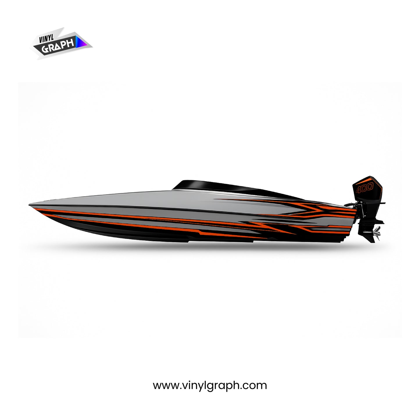 High-Performance Boat Full Wrap Design – Orange & Black Speed line Graphics